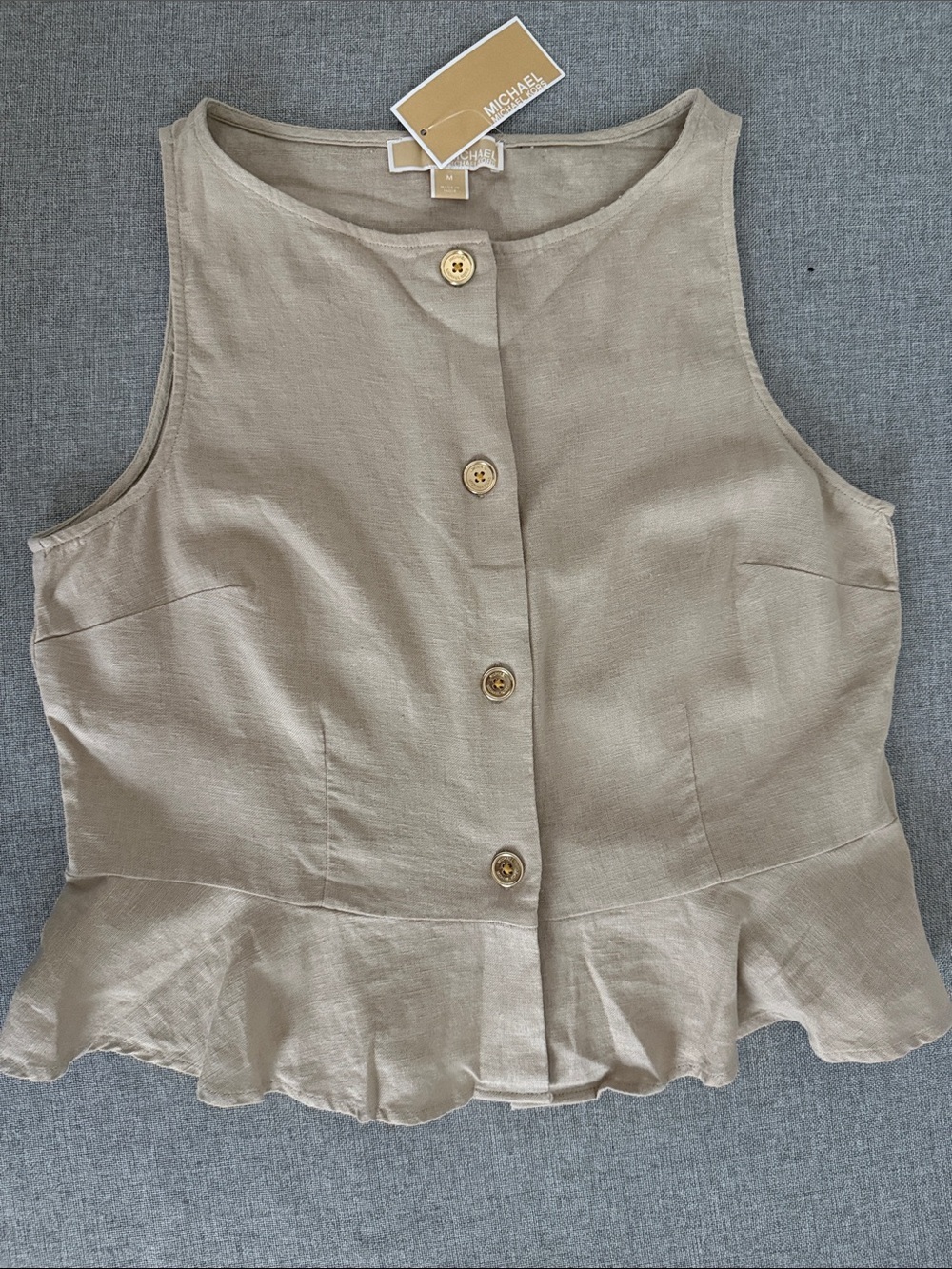 MICHAEL Michael Kors Tan Linen Ruffle-Hem peplum Button Tank